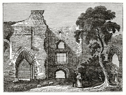 Old illustration. Front view of an ancient castle ruins rising in the nature close to small walking people. Newark castle, England. By unidentified author, published. Penny Magazine, London, 1835.