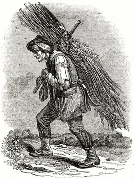 Old grayscale illustration. Profile view of a Norman peasant carrying fagot walking to the left. By unidentified author, published on the Penny Magazine, London, 1835