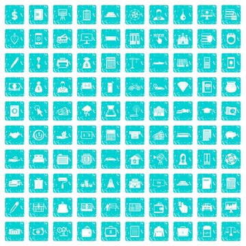 100 credit icons set grunge blue