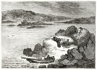 Old grayscale illustration of seals hunting in northern Scotland. By unidentified author, published on  Penny Magazine, London, 1835