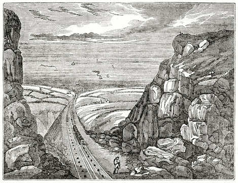 Old grayscale illustration of South Hetton Railway termination in Seaham seaport, Uniterd Kingdom. By unidentified author, published on  Penny Magazine, London, 1835