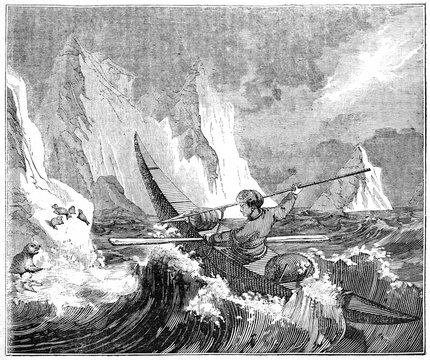 Old Grayscale Illustration Of Man Seal Hunting In A Canoe (Greenland). By Unidentified Author, Published On Penny Magazine, London, 1835