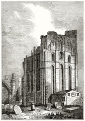 Old grayscale illustration  of Tynemouth priory church ruins, England. By unidentified author, published on  Penny Magazine, London, 1835