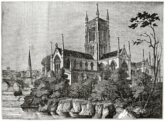 Old grayscale illustration of Worcester Cathedral view, England. By unidentified author, published on  Penny Magazine, London, 1835