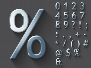 Set of polished steel 3D Numbers and Symbols. Steel metallic shiny symbol on gray background. Good set for technology and production concepts. Transparent shadow, EPS 10 vector illustration.