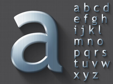 Set of polished steel 3D lowercase english letters. Steel metallic shiny font on gray background. Good typeset for technology and production concepts. Transparent shadow, EPS 10 vector illustration.