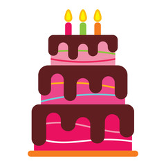 Sweet birthday cake with three burning candles. Colorful holiday dessert. Vector celebration background.
