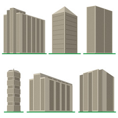 Set of six  modern high-rise building on a white background. View of the building from the bottom. Isometric vector illustration.
