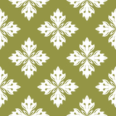 Fototapeta na wymiar White flowers on olive green background. Ornamental seamless pattern