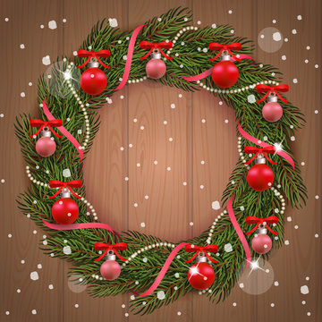 Christmas wreath with red and gold decorations, ribbons, wooden background. Vector illustration, design template