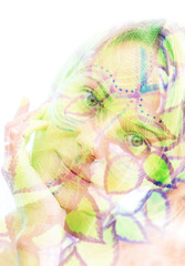 Double exposure of a blonde natural beauty with face paint and bright colorful leaves