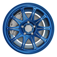 Obraz premium 3D render of a blue aluminium car wheel and gray brake disc isolated on white background