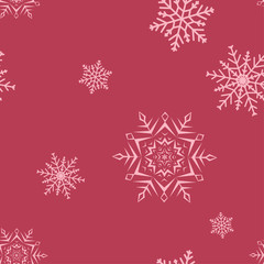 Fototapeta premium Snowflakes seamless pattern. Cherry red background with christmas elements