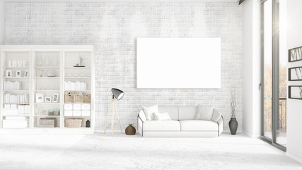 Panoramic view in interior with white leather couch, empty frame and copyspace in horizontal arrangement. 3D rendering.