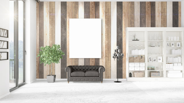 Panoramic view in modern loft interior with vertical empty frame and copyspace in horizontal arrangement. 3D rendering.