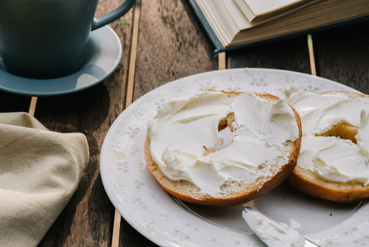 Early Morning Breakfast Bagel and Cream Cheese
