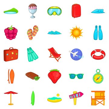 Tropical vacation icons set, cartoon style