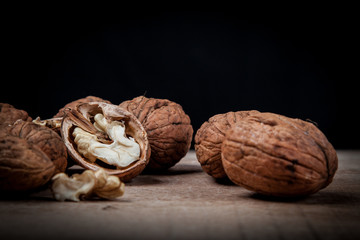 walnuts (Juglans regia) detail on black background