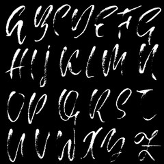 Hand drawn dry brush font. Modern brush lettering. Grunge style alphabet. Calligraphy script. Vector illustration.