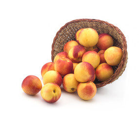 Apricots in a basket of straw on a white background
