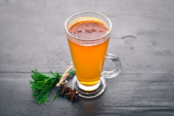 Glintvine, hot drink. On a wooden background. Top view. Free space for your text.