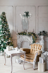 Fototapeta na wymiar Christmas room with decorated wooden chair and table