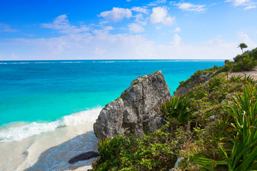 Tulum turquoise beach  palm tree in Riviera Maya at Mayan