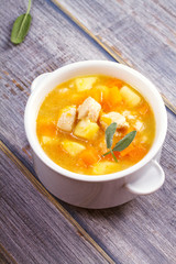 Chicken, butternut, apple ginger and sage stew. Pumpkin and chicken breast soup, vertical