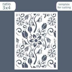Laser cut wedding invitation card template.  Cut out the paper card with floral pattern.  Greeting card template for cutting plotter. Vector.