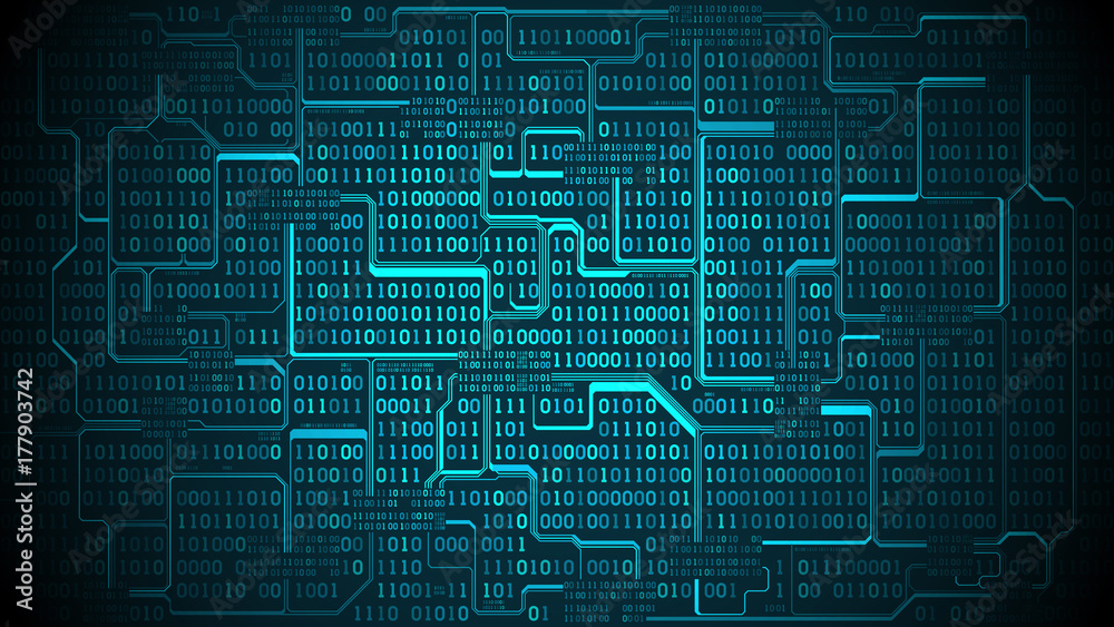 Poster Abstract futuristic electronic circuit board with binary code, matrix background with digits, well organized layers