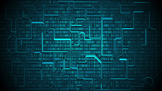 Abstract futuristic electronic circuit board with binary code, matrix background with digits, well organized layers