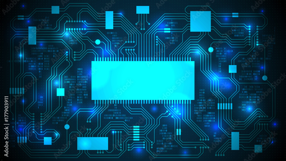 Poster Printed circuit board with a processor, microchips and binary code. Abstract high-tech electronic background, copy space, template; well organized layers