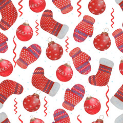 Seamless Christmas pattern with red balls. Watercolor illustration.
