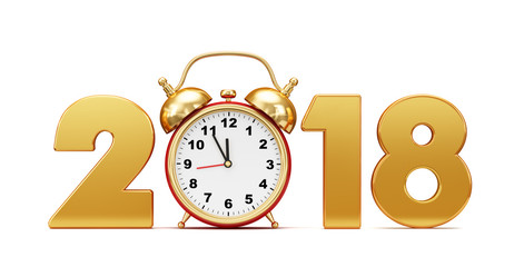 Gold inscription 2018 and red alarm clock white background. 3d render illustration. New Year.