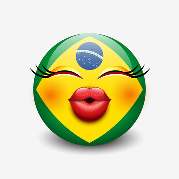 Cute kissing emoticon isolated on white background with Brazil flag motive