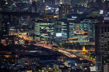 Seoul skyscrapers in the night, South Korea.