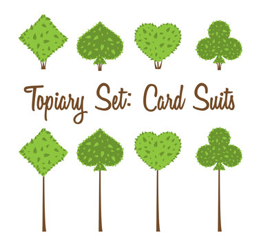 Topiary set of four vector playing cards suits shapes of bushes and trees: heart, spade, club, diamond