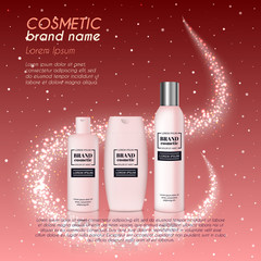 3D realistic cosmetic bottle ads template. Cosmetic brand advertising concept design with glittering dust background