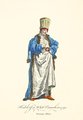 White Eunuch in traditional dresses in 1749. Blue dressing gown, white tunic, long cap, gold decorated. Old watercolor illustration By J.M. Vien, T. Jefferys, London, 1757-1772