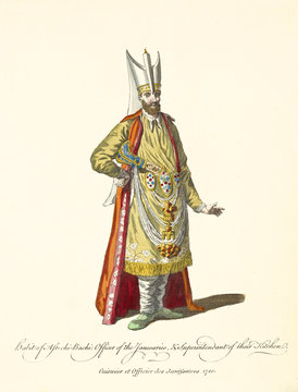Superintendent of Janissaries in traditional dresses. Orange cloak, gold tunic, rich of decoration. Old watercolor illustration By J.M. Vien, T. Jefferys, London, 1757-1772