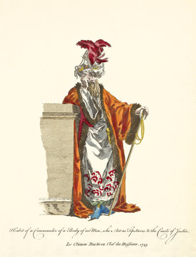 Turkish Tipstaff of the Court of Justice in traditional dresses in 1749. Rich clothes, jewlers, turban with red feathers, long stick. Old illustration by J.M. Vien, on T. Jefferys, London, 1757-1772