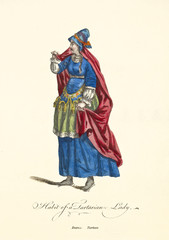 Tartarian Lady in traditional dresses. Blue dress with long skirt, red satin mantle, white shirt, cloth hat. Old illustration by J.M. Vien, on T. Jefferys, London, 1757-1772