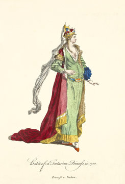 Tartarian Princess in traditional dresses in 1700. Gold crown with veil, red mantle, green long dress and various gold elements. Old illustration by J.M. Vien, on T. Jefferys, London, 1757-1772