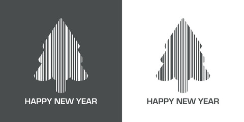 Icono plano codigo de barras arbol HAPPY NEW YEAR gris y blanco