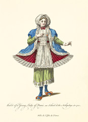 Lady of Naxos in particular traditional dresses in 1700. Red skirt and white turban. Old illustratiion by J.M. Vien, publ. T. Jefferys, London, 1757-1772
