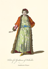 Wallachian Gentleman in traditional dresses. Fur hat and long orange coat. Old illustratiion by J.M. Vien, publ. T. Jefferys, London, 1757-1772
