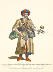 Mecca pilgrim in traditional dresses in 1588 posing in his middle oriental medieval dress. Old illustration by J.M. Vien, publ. T. Jefferys, London, 1757-1772