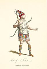 East Indian in traditional dresses holding ancient weapons. Mace and bow. Partial naked body. Old illustration by J.M. Vien, publ. T. Jefferys, London, 1757-1772
