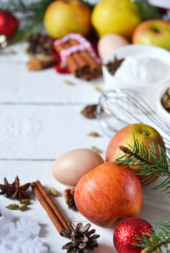 New Year background - the ingredients for Christmas baking on a white background