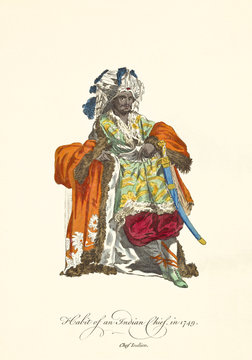 Indian Chief in traditional dresses in 1749. Rich clothes, long orange coat and turban. Old illustration by J.M. Vien, publ. T. Jefferys, London, 1757-1772